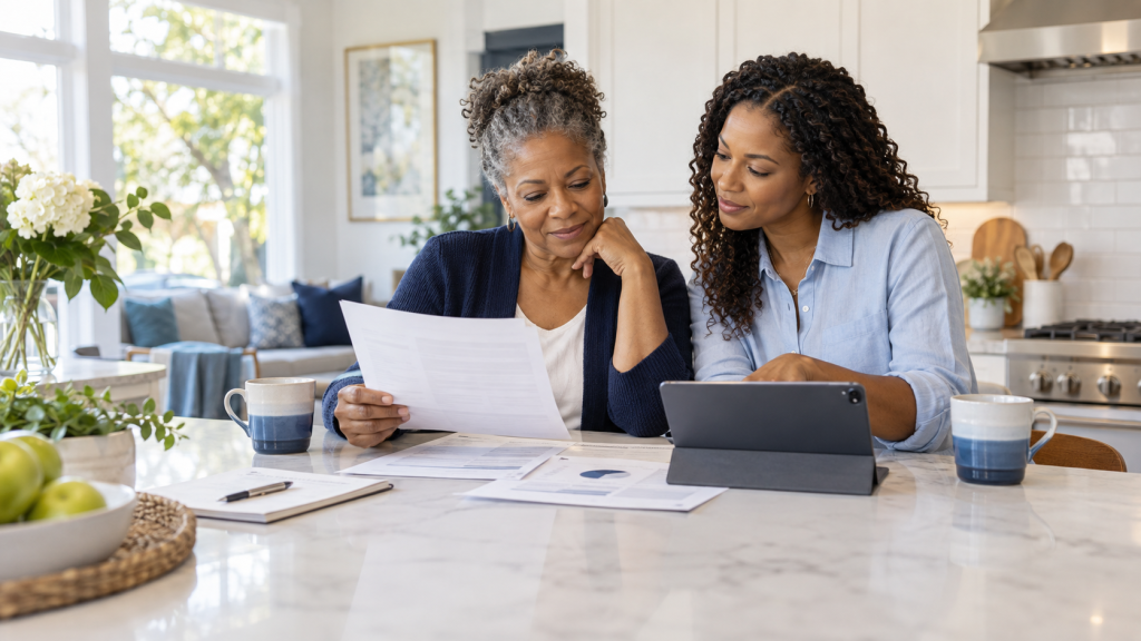 Mother and adult daughter reviewing an existing life insurance policy together