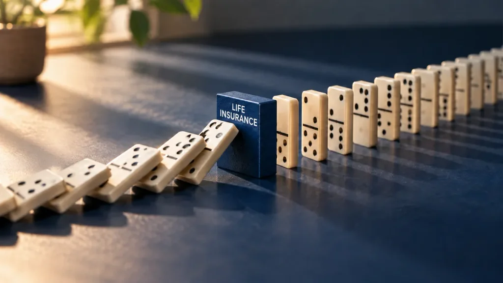 Falling dominoes stop at a blue block labeled Life Insurance while the remaining dominoes stand.