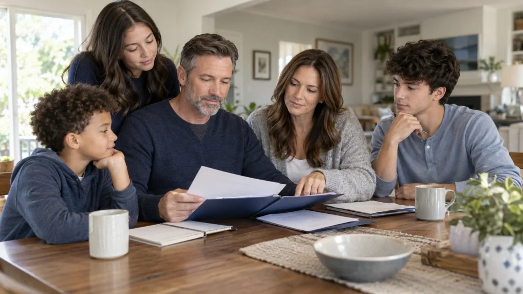 Blended family reviewing life insurance and family protection documents together