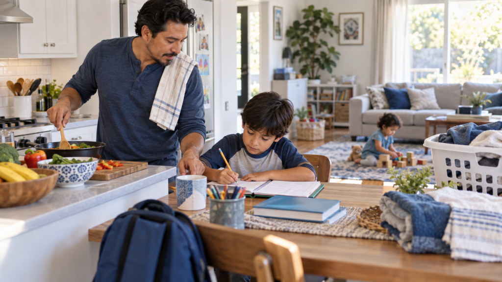 Stay-at-home father caring for children while managing household responsibilities