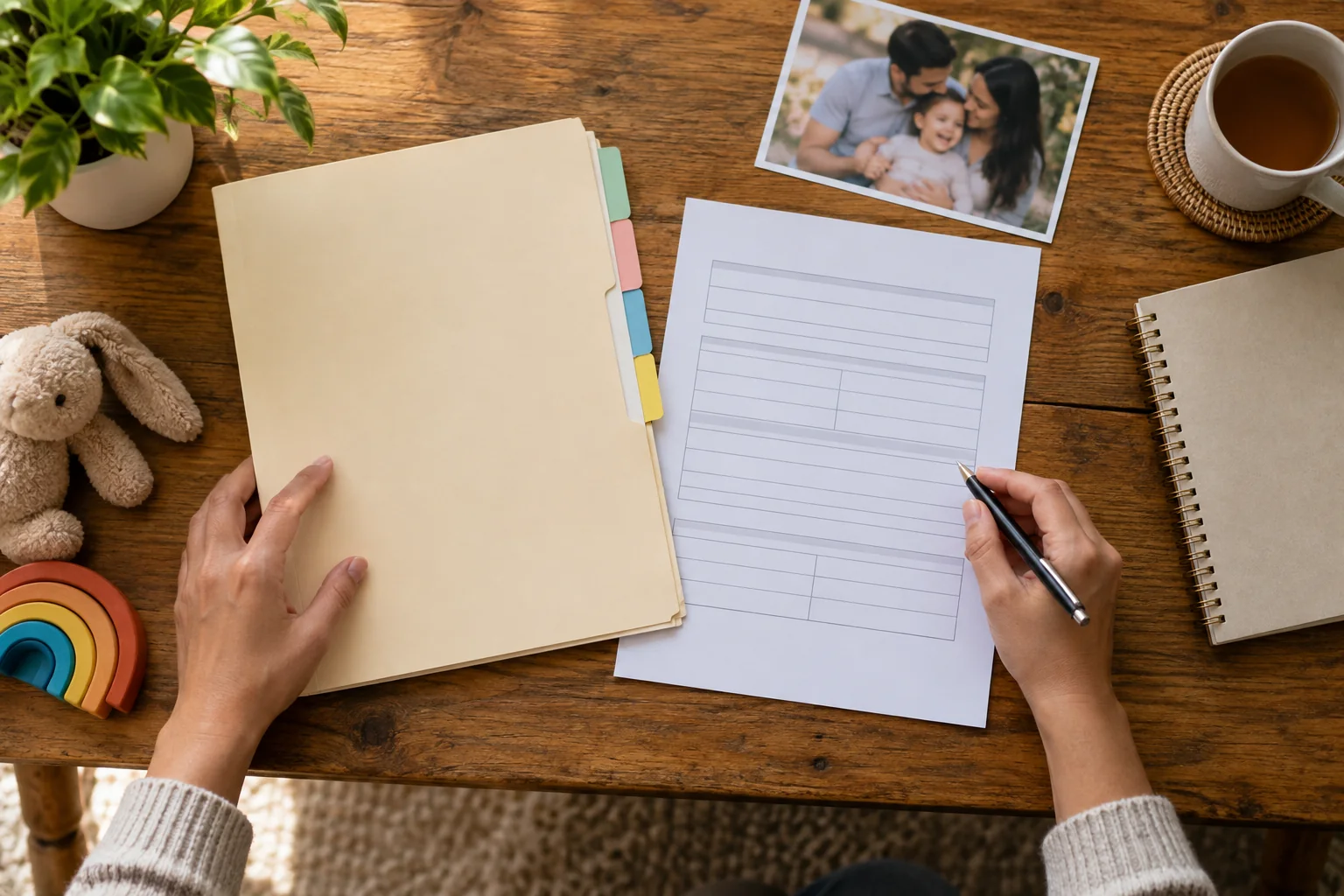 Minor beneficiary planning materials organized beside a family photo and blank form