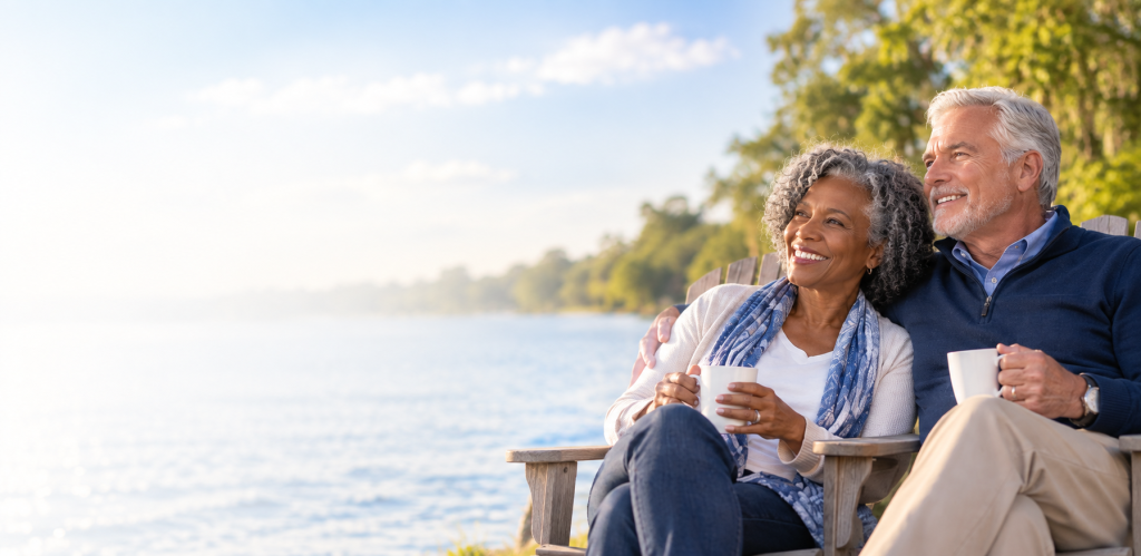 Retired couple enjoying financial security beside a peaceful lake