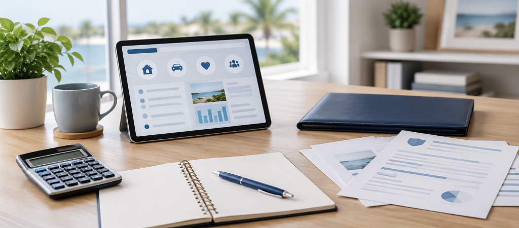 Insurance resources and educational planning tools on a desk