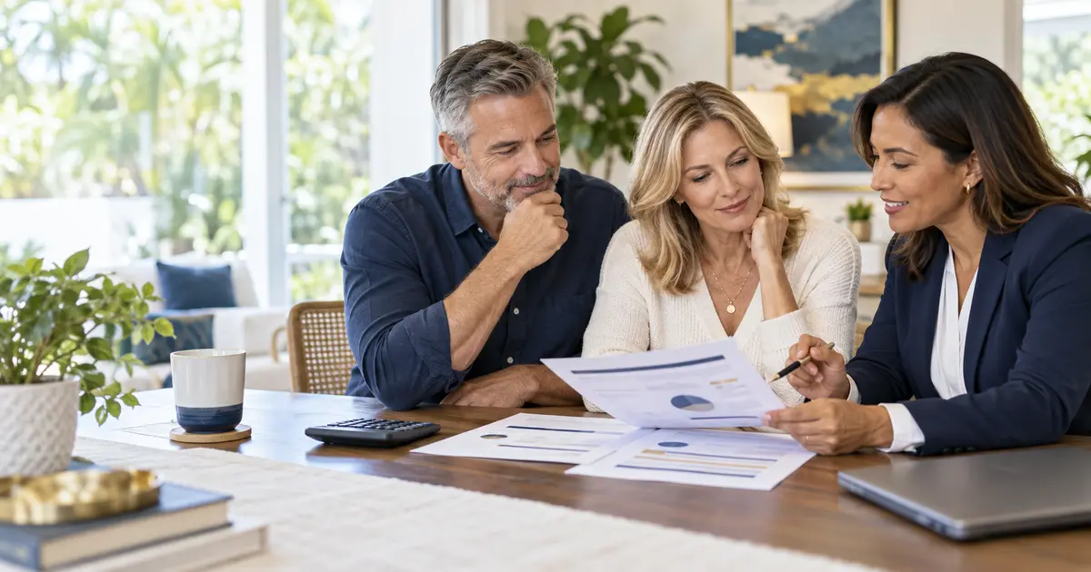 Couple using an IUL calculator while reviewing a life insurance illustration with an insurance professional