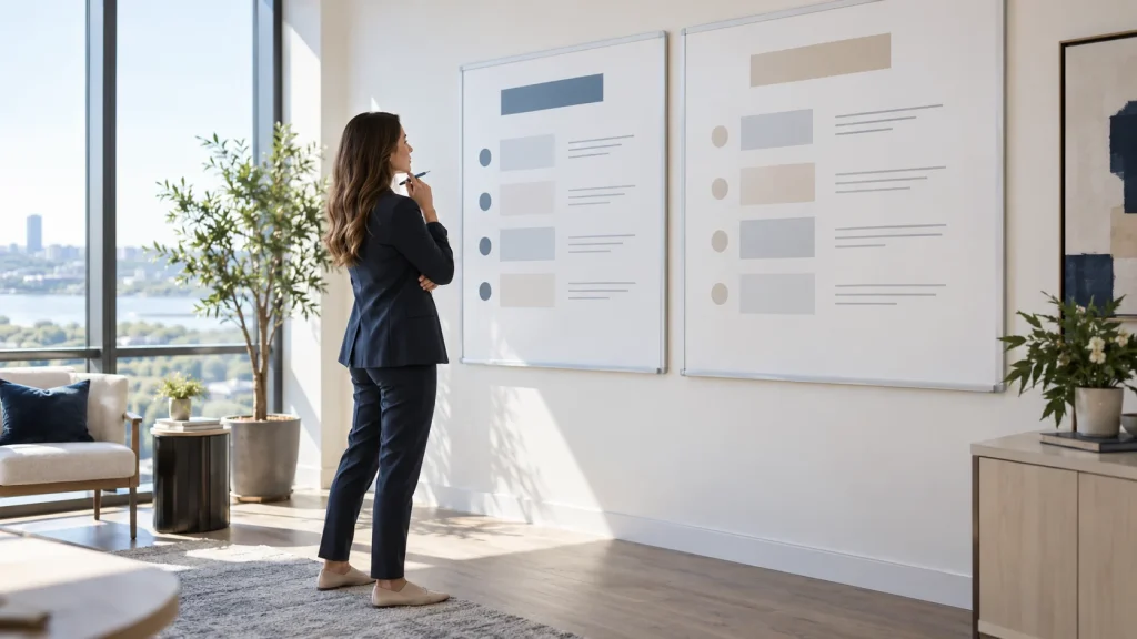 Woman standing and comparing two policy designs displayed side by side