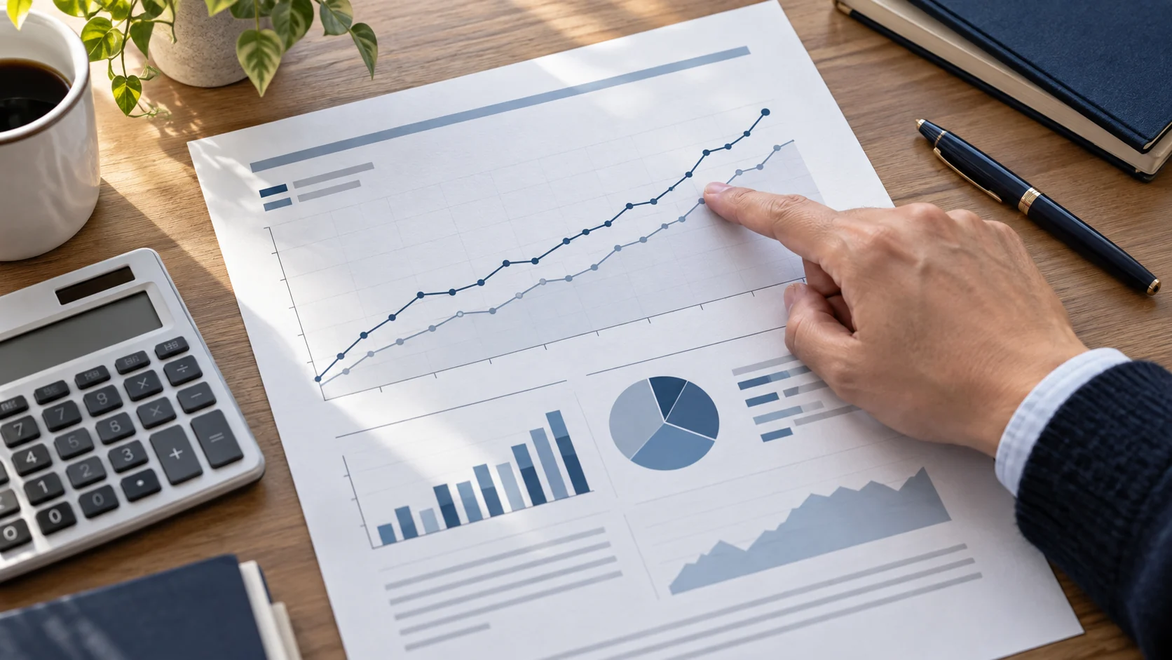 Hand pointing to illustrative charts on a policy report beside a calculator