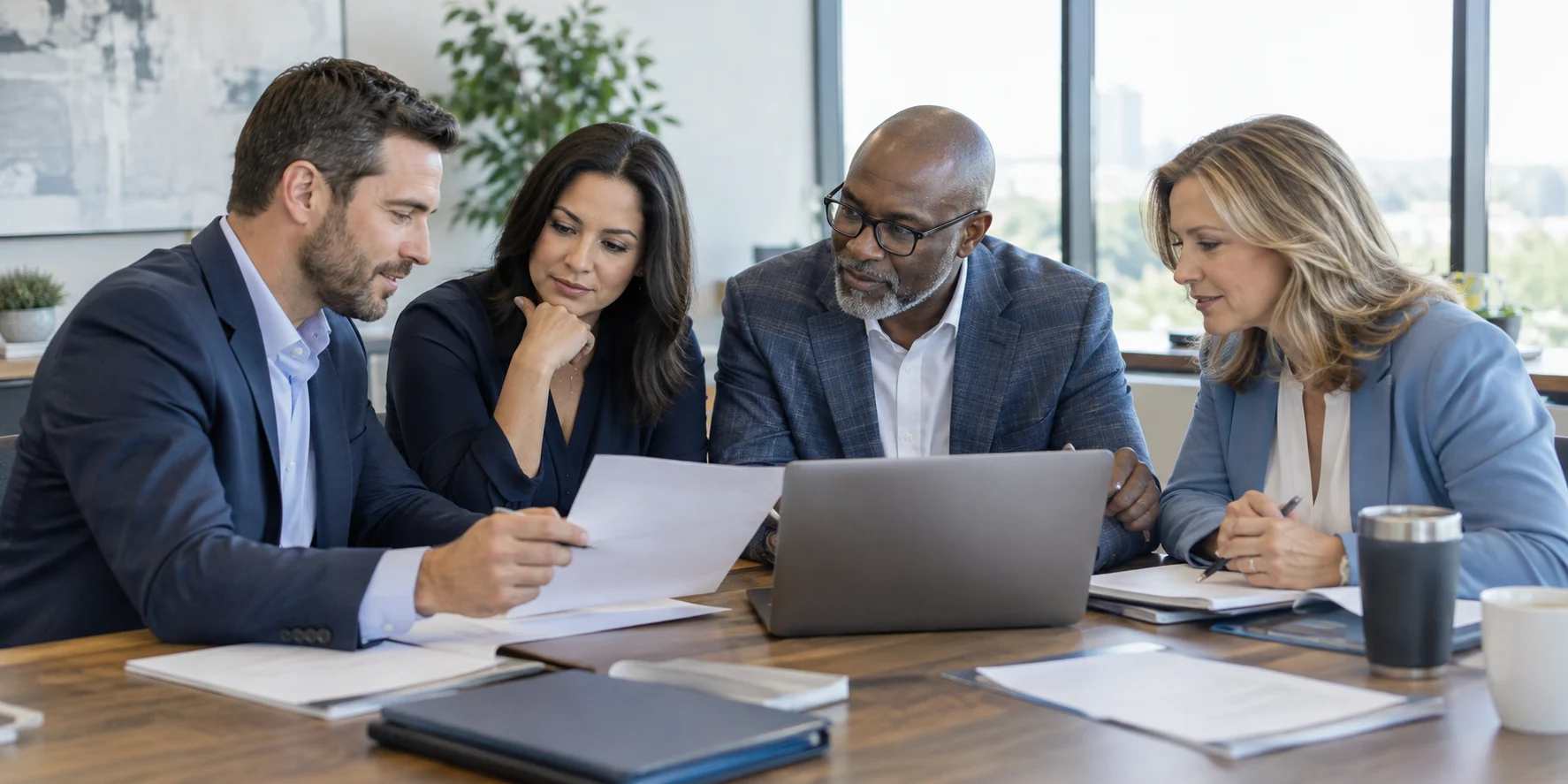 Four business professionals comparing small business health insurance costs with documents and a laptop