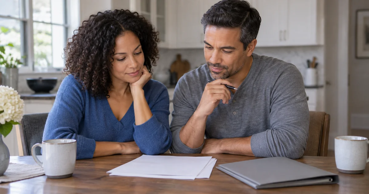 Couple reviewing folders at home while considering life insurance cost.