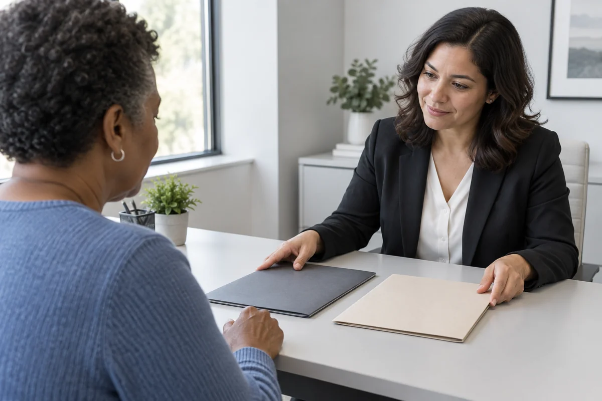 Woman meeting an insurance professional to discuss life insurance cost and compare folders.