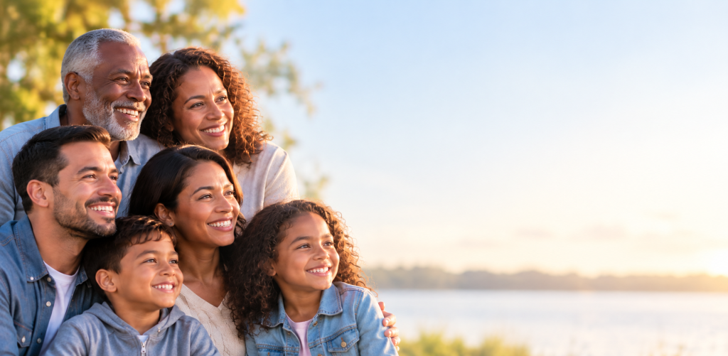 Multigenerational family representing life insurance protection and financial security