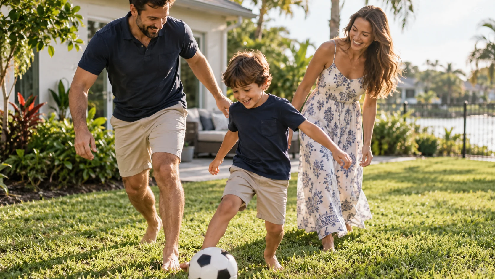 Parents playing soccer with their child in a Florida backyard