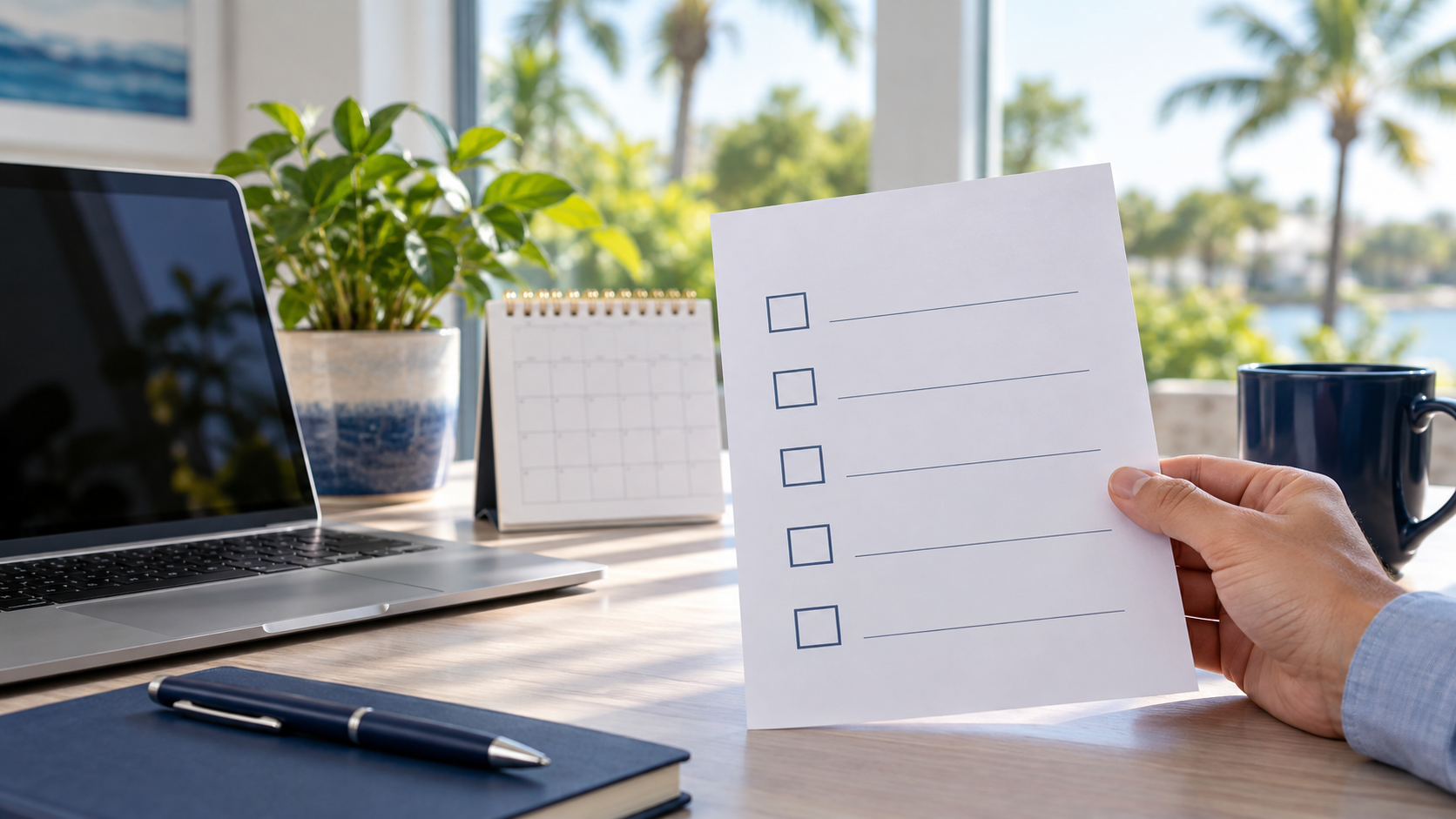 Life insurance through work checklist held beside a laptop and desk calendar