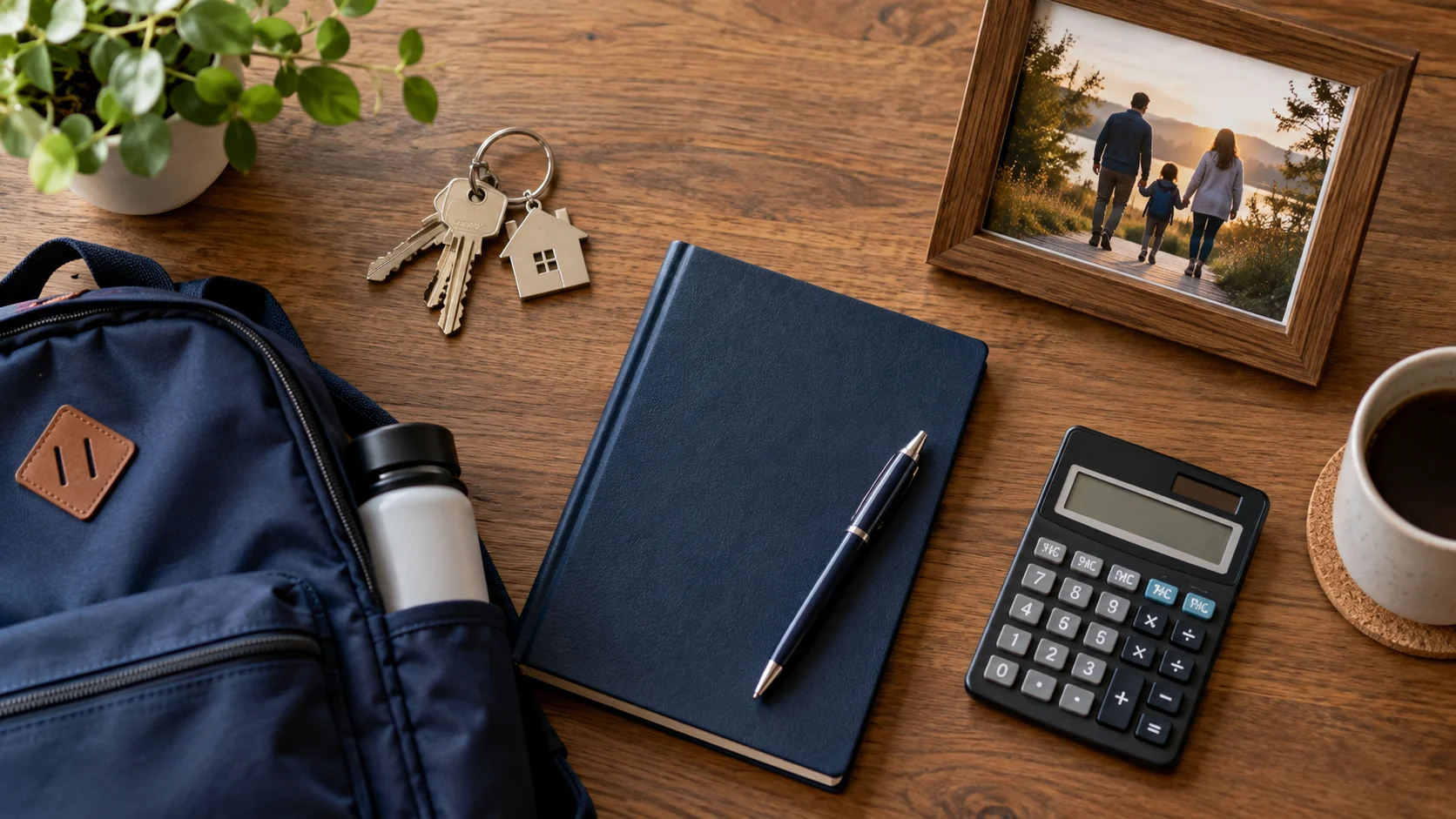 House keys, a school backpack, family photo, notebook, and calculator representing household needs