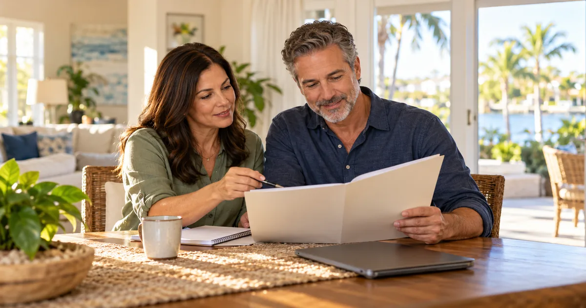 Couple reviewing a policy folder at home while learning about living benefits.