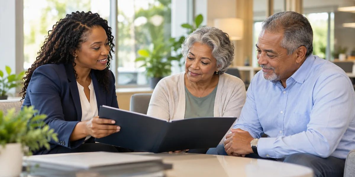 Insurance professional meeting with a couple to discuss living benefits and policy options.