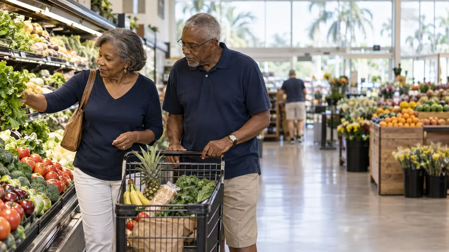 Older couple selecting groceries during retirement