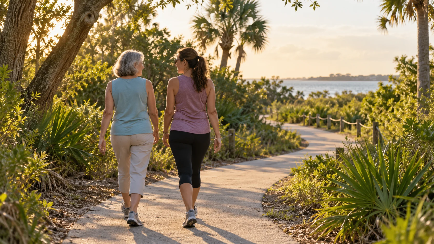 Older woman and younger adult walking together on a Florida nature path