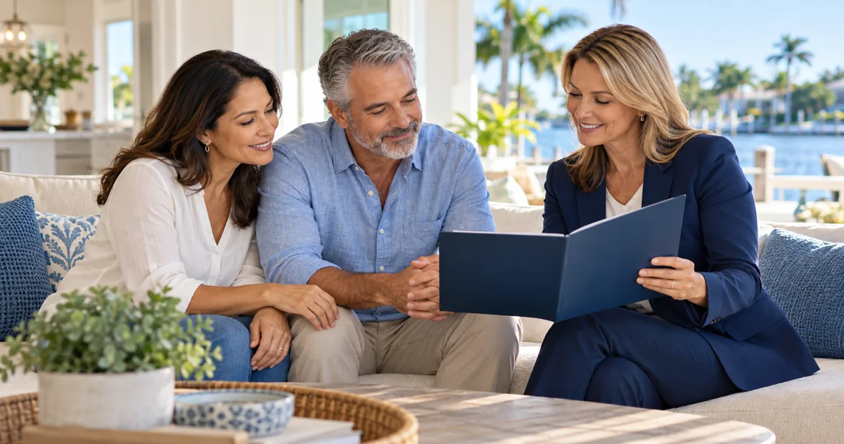 Middle-aged couple reviewing cash value life insurance with an insurance professional.