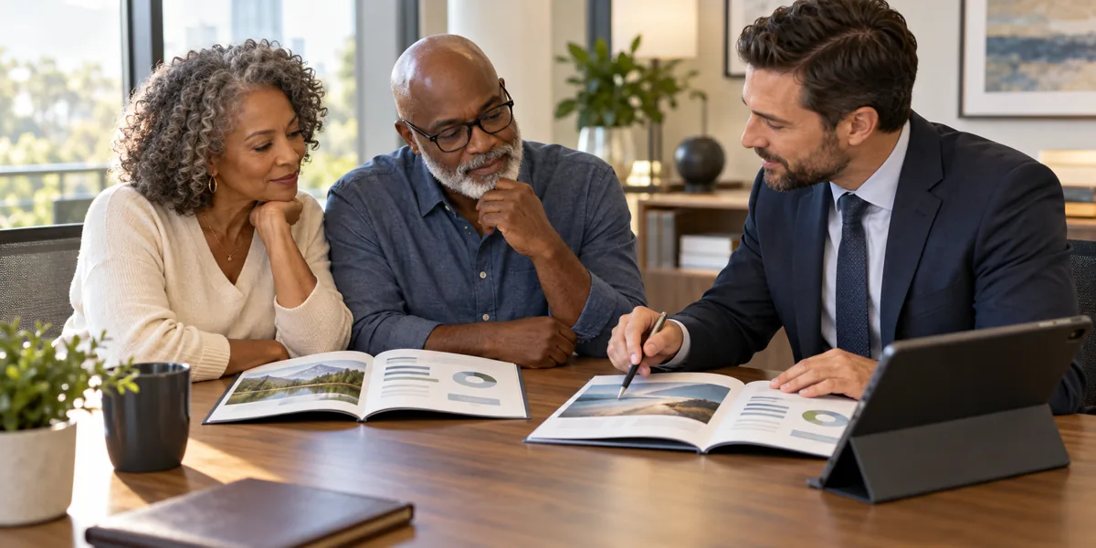 Older couple reviewing cash value life insurance illustrations with an insurance professional.