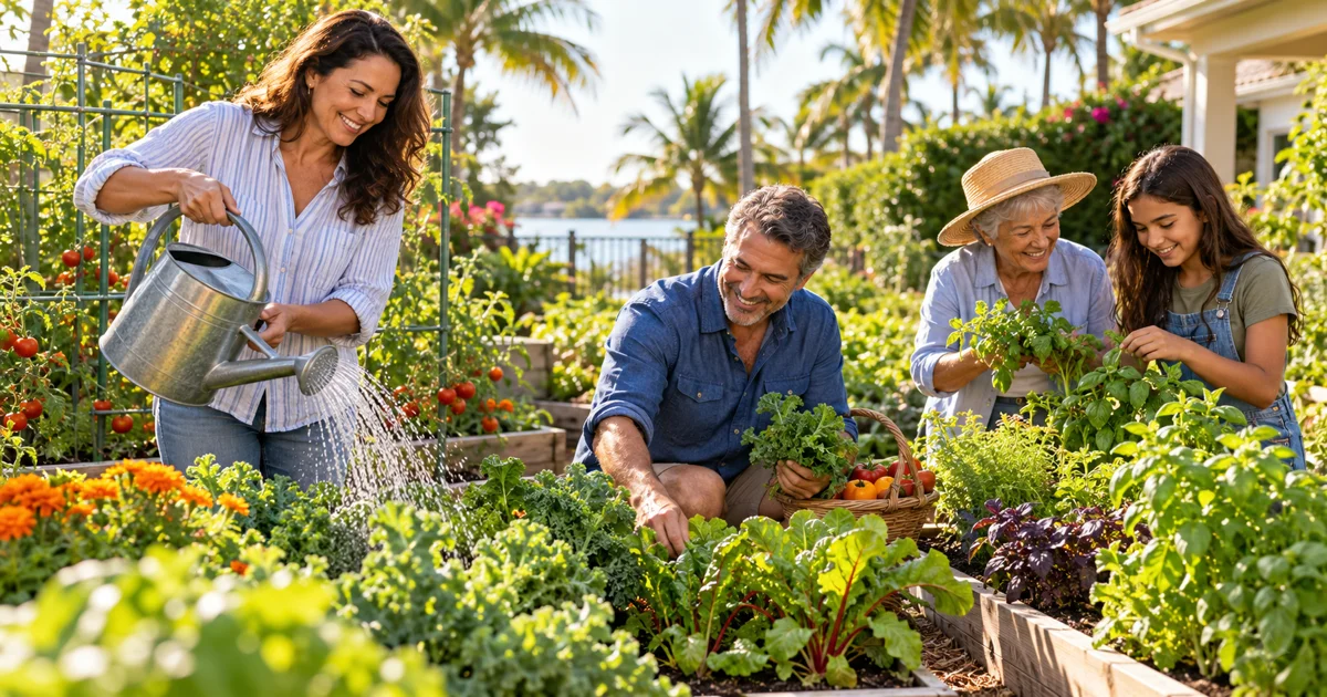 A multigenerational family watering plants and harvesting vegetables in a sunny backyard garden.