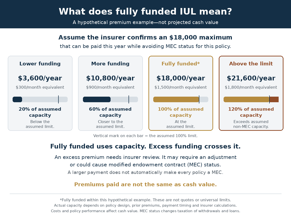 Fully funded IUL infographic comparing $3,600, $10,800, $18,000 and $21,600 in annual premiums with an assumed $18,000 non-MEC funding capacity.