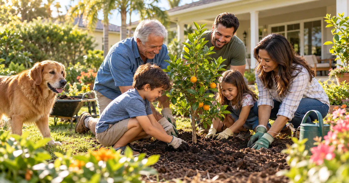 Multigenerational family gardening together while planning a life insurance trust for their legacy.