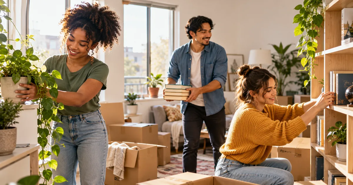Young adults arranging plants and books in a first apartment while considering life insurance for young adults