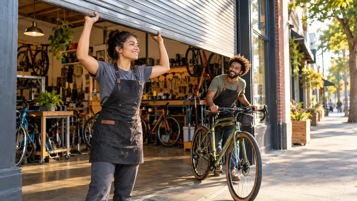 Young adult bicycle shop owners opening their business as responsibilities and life insurance needs grow