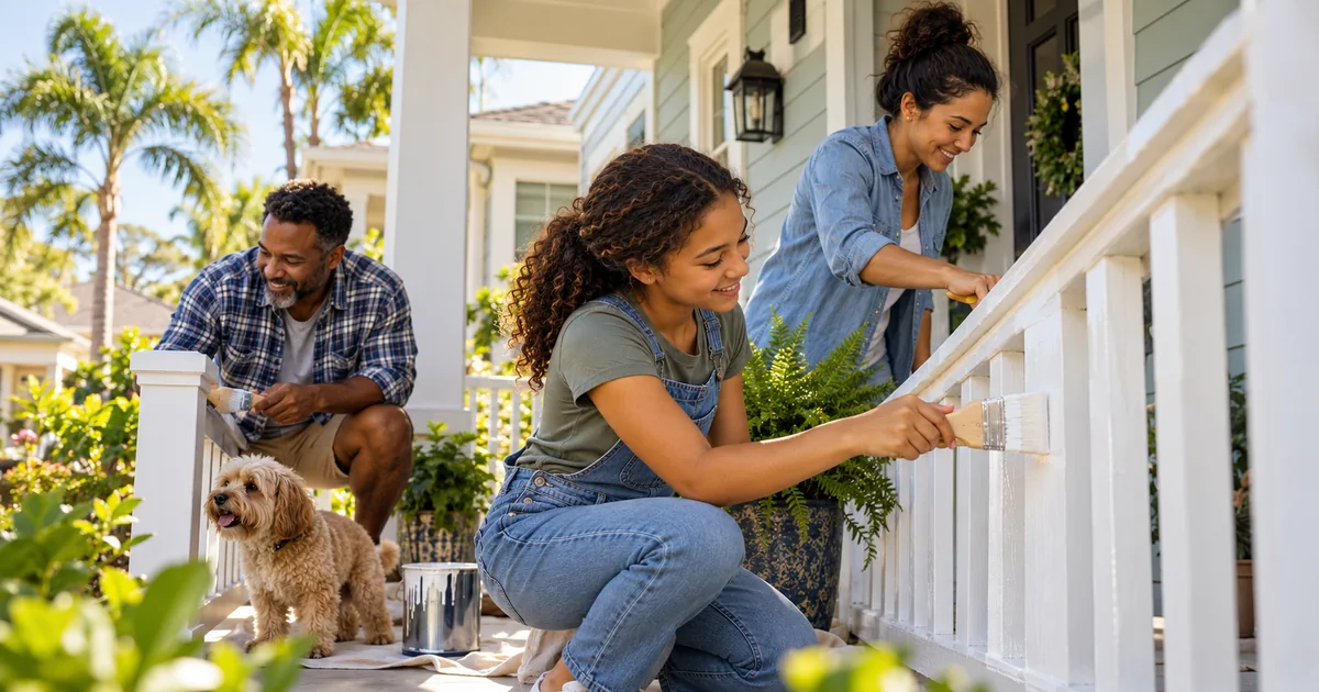 Mortgage life insurance planning illustrated by a family painting the porch of their Florida home together.