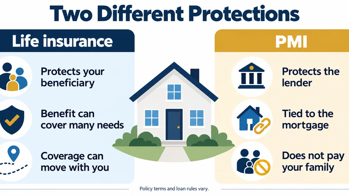 Mortgage life insurance infographic comparing beneficiary protection with private mortgage insurance that protects the lender.
