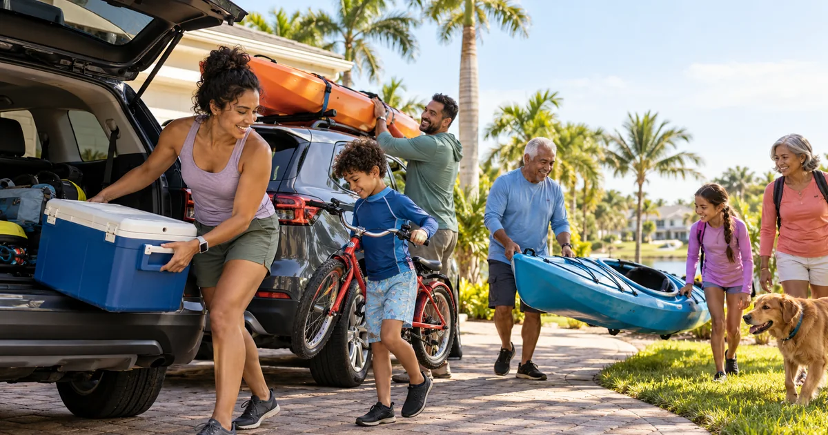 Multigenerational family loading kayaks and bicycles for a weekend outing while managing multiple life insurance policies