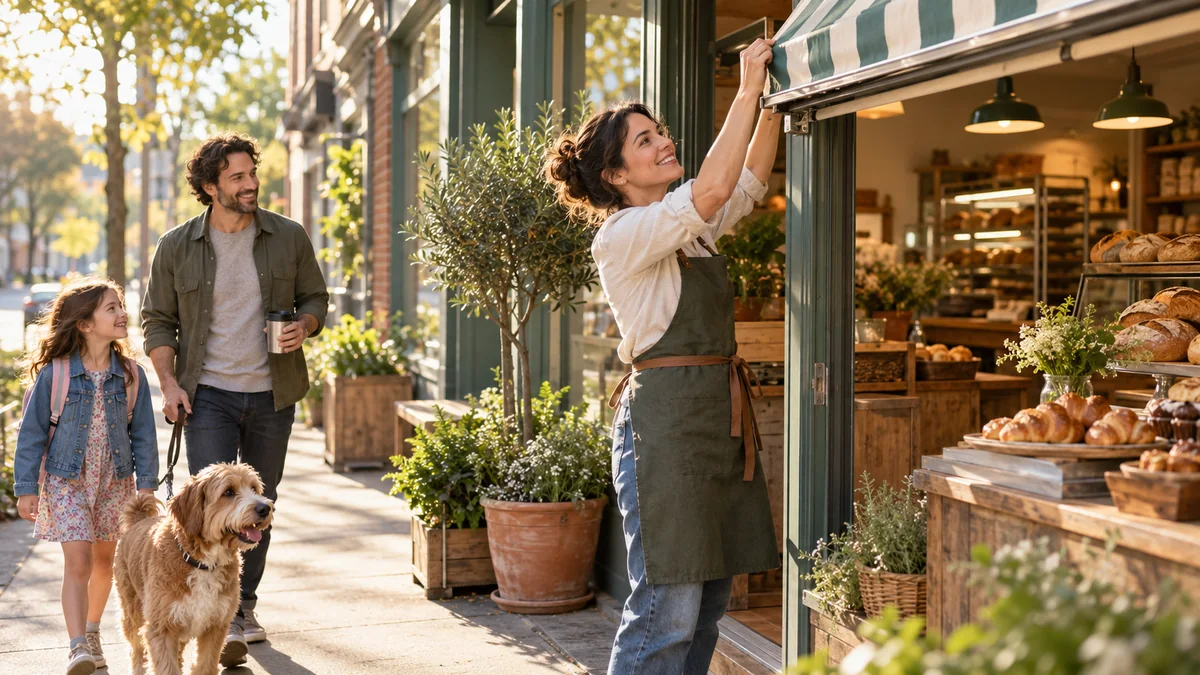 Bakery owner opening her shop while her partner, child, and dog walk nearby as family and business responsibilities grow