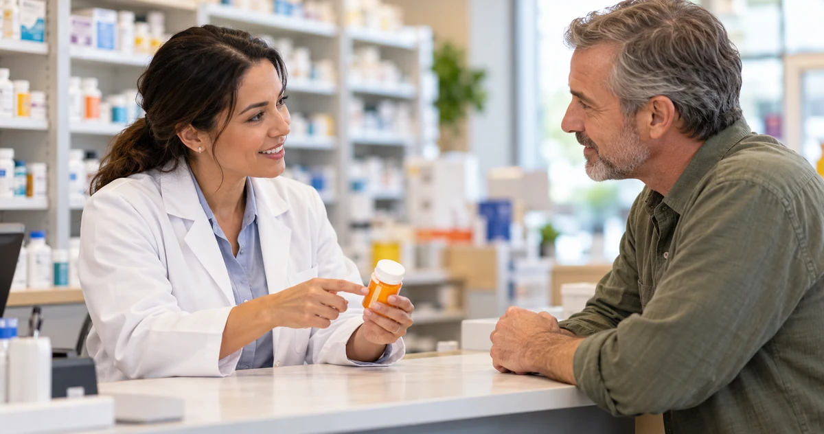 Friendly pharmacist counseling a customer about a prescription, illustrating medication access when comparing self-employed health insurance in Florida.
