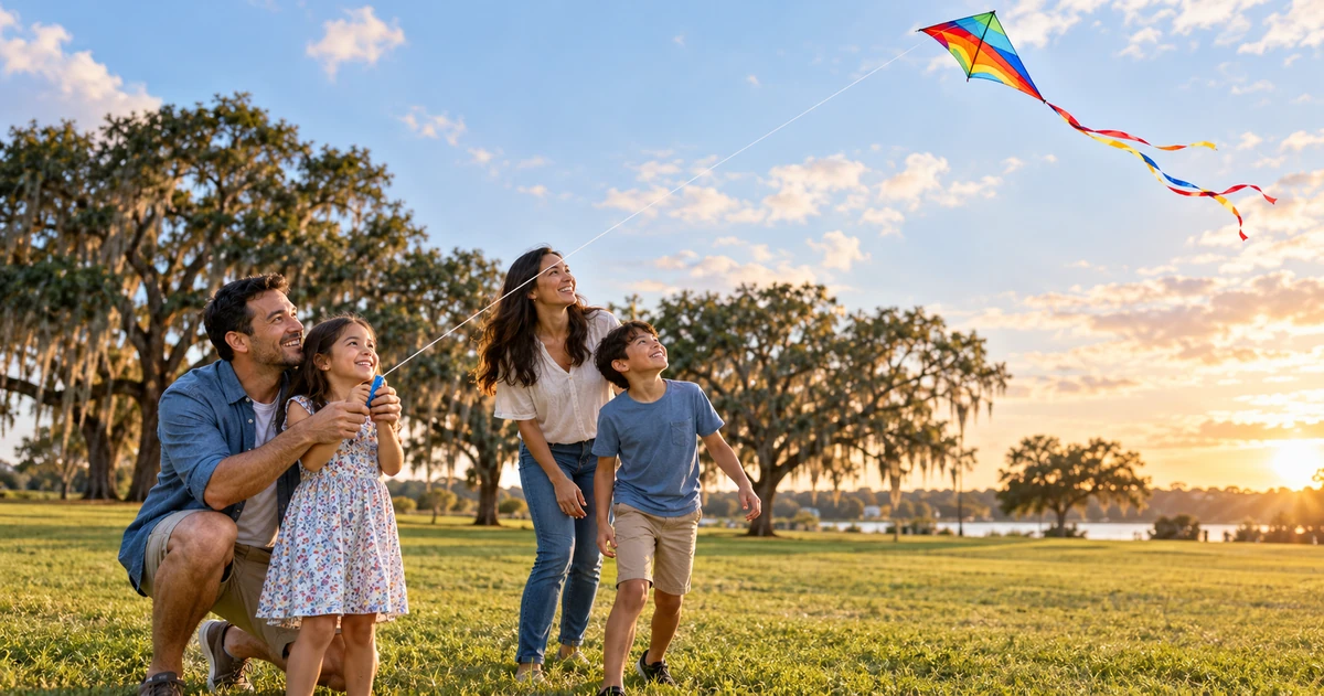 Family flying a colorful kite in a Florida park, illustrating family protection in a term vs whole life insurance discussion.